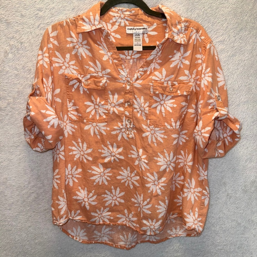 Coastal Grandma Orange White Daisy Floral Linen Blend Boho Roll Tab Sleeve Top L